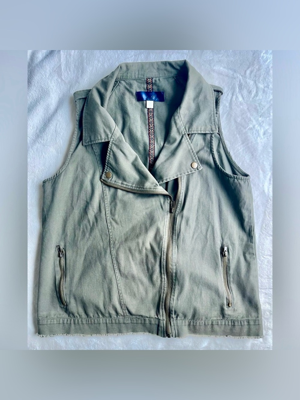 Blue Rain Olive Green Cotton Moto Utility Vest Raw Hem Large